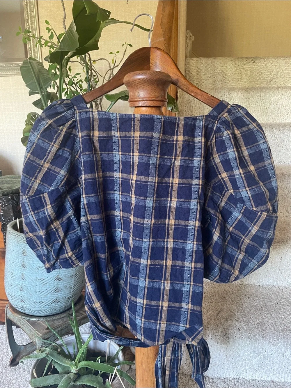 Madewell Navy and Tan Plaid Wrap Blouse with Puff Sleeves